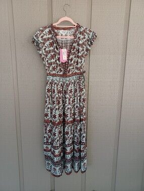 Omika Floral Midi Dress Size XS Women Boho Feminine Modal Pockets Ruffle V Neck